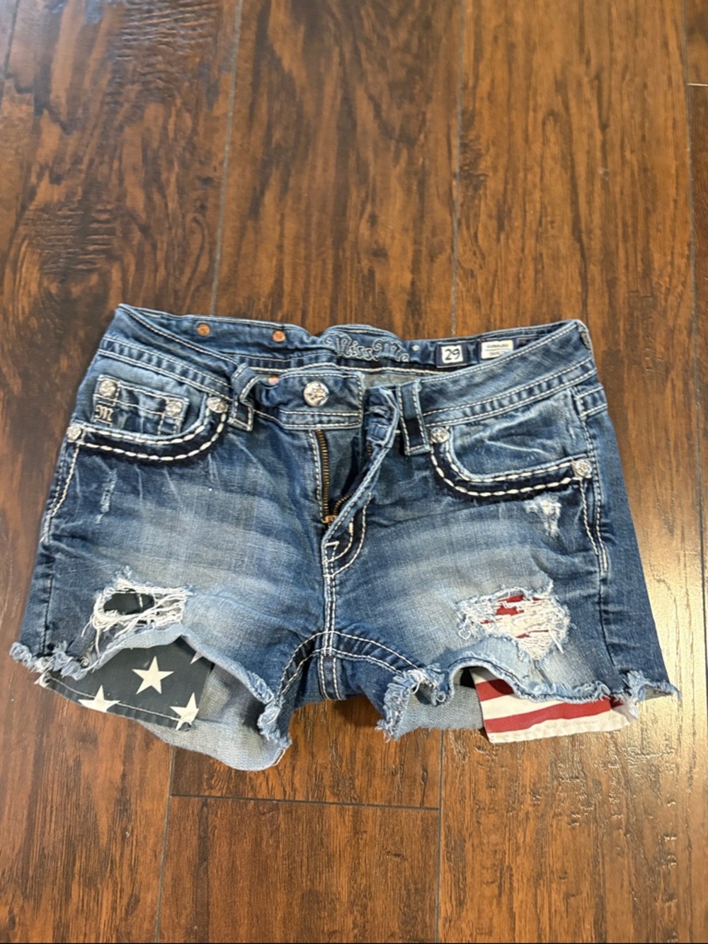 Miss Me Rare Blue Distressed Denim Shorts with Flag Accent star striped America